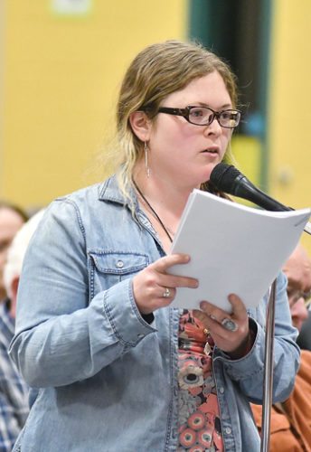 MARK NANCE/Sun-Gazette Deirdre Lally of the Clean Air Council voices her opposition to the Transco Compressor Station 520 during the PA Department of Environmental Protection public hearing on the proposed project at the Salladasburg Elementary School Wednesday.
